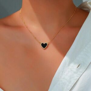 Black Heart Necklace with Gold Chain, Black Heart Necklace